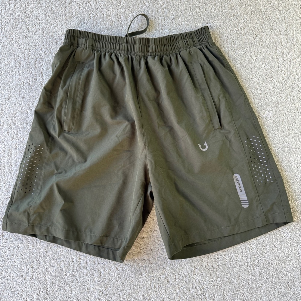 Northyard Athletic Shorts Mens Small‎ Olive Green Reflective Laser Cut Vent Gym